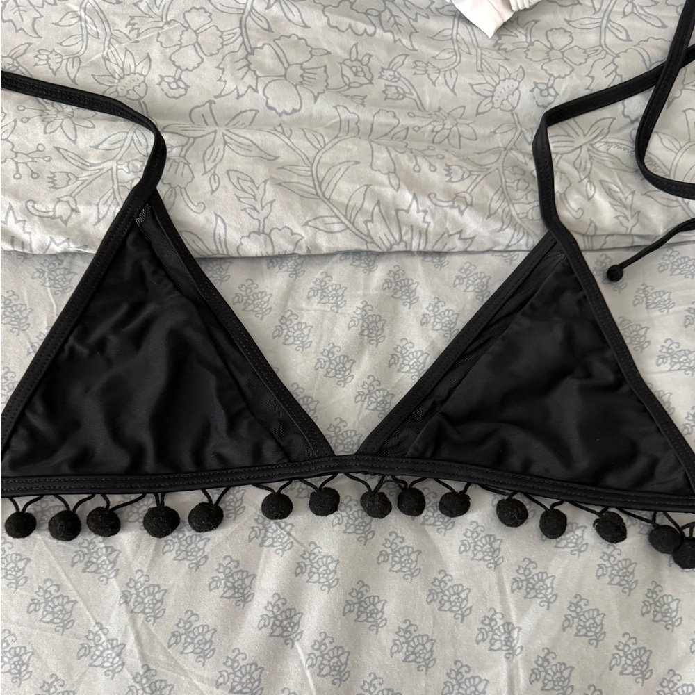 Tularosa Black Triangle Bikini Top with Pom Pom Trim
